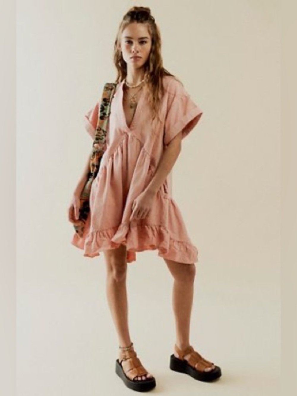 Free People Blush Pink V-Neck Ruffle Mini Dress